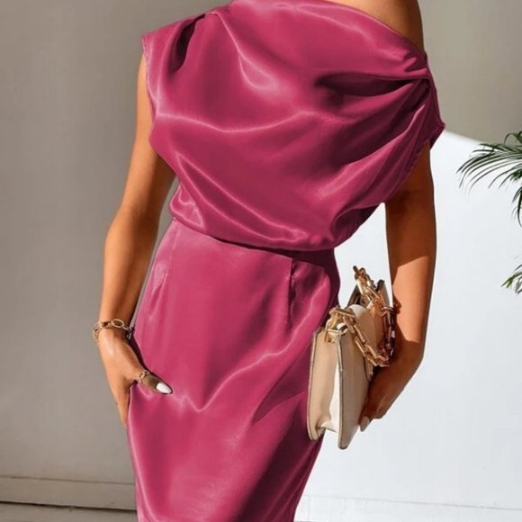 Pink Asymmetrical Neck Satin Mini Dress - Picture 6 of 8